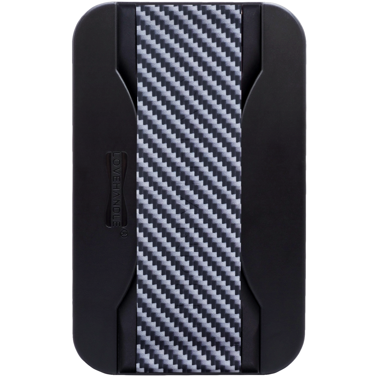 LoveHandle PRO for MagSafe Carbon Fiber strap on black base, shown flat