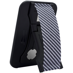 LoveHandle PRO for MagSafe Carbon Fiber strap on black base, kickstand open