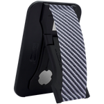LoveHandle PRO for MagSafe Carbon Fiber strap on black base, kickstand open