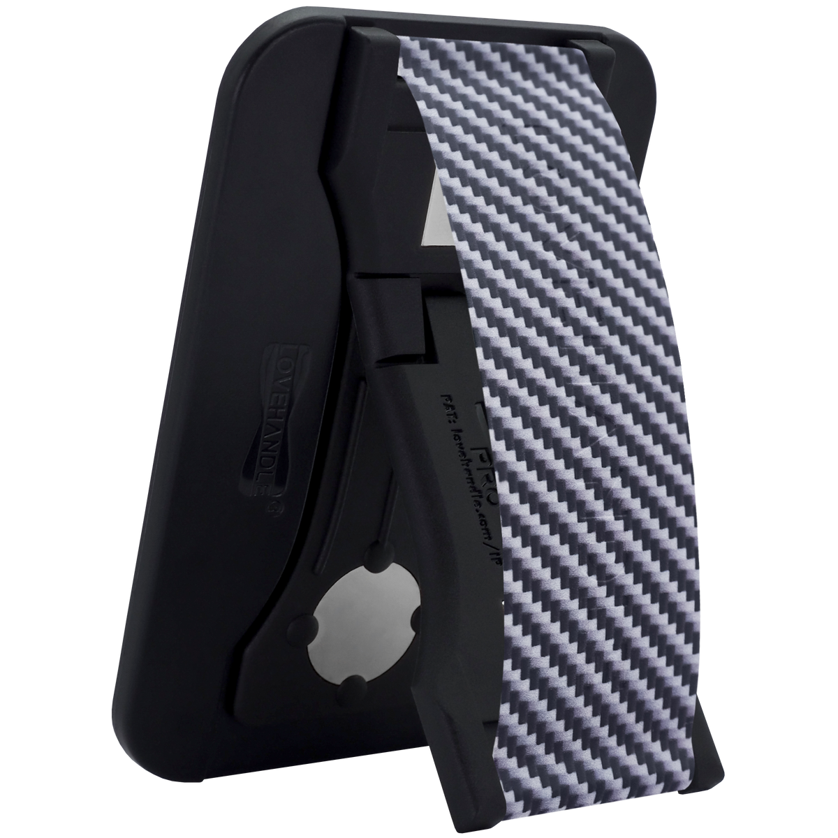 LoveHandle PRO for MagSafe Carbon Fiber strap on black base, kickstand open