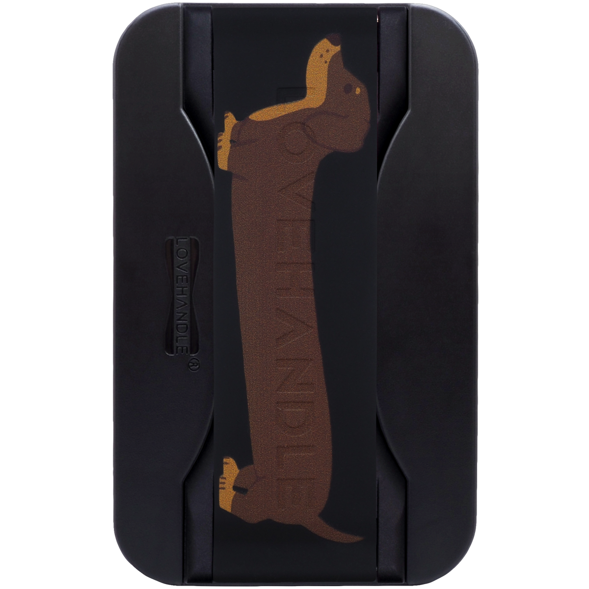 LoveHandle PRO for MagSafe Hot Dog dachshund strap on black base, shown flat