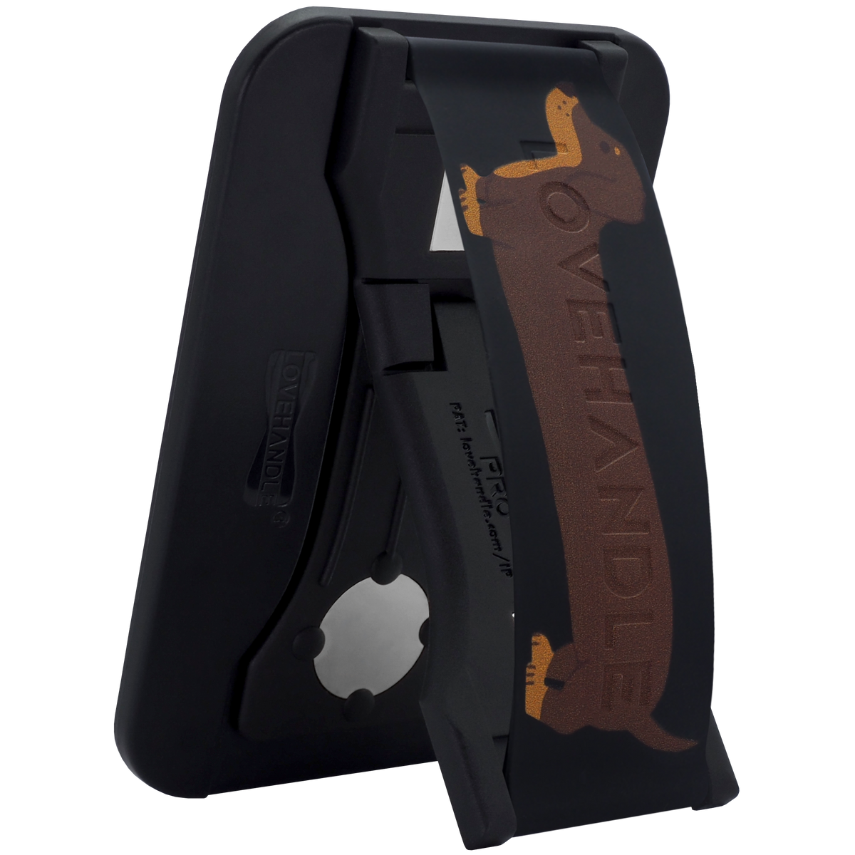 LoveHandle PRO for MagSafe Hot Dog dachshund strap on black base, kickstand open