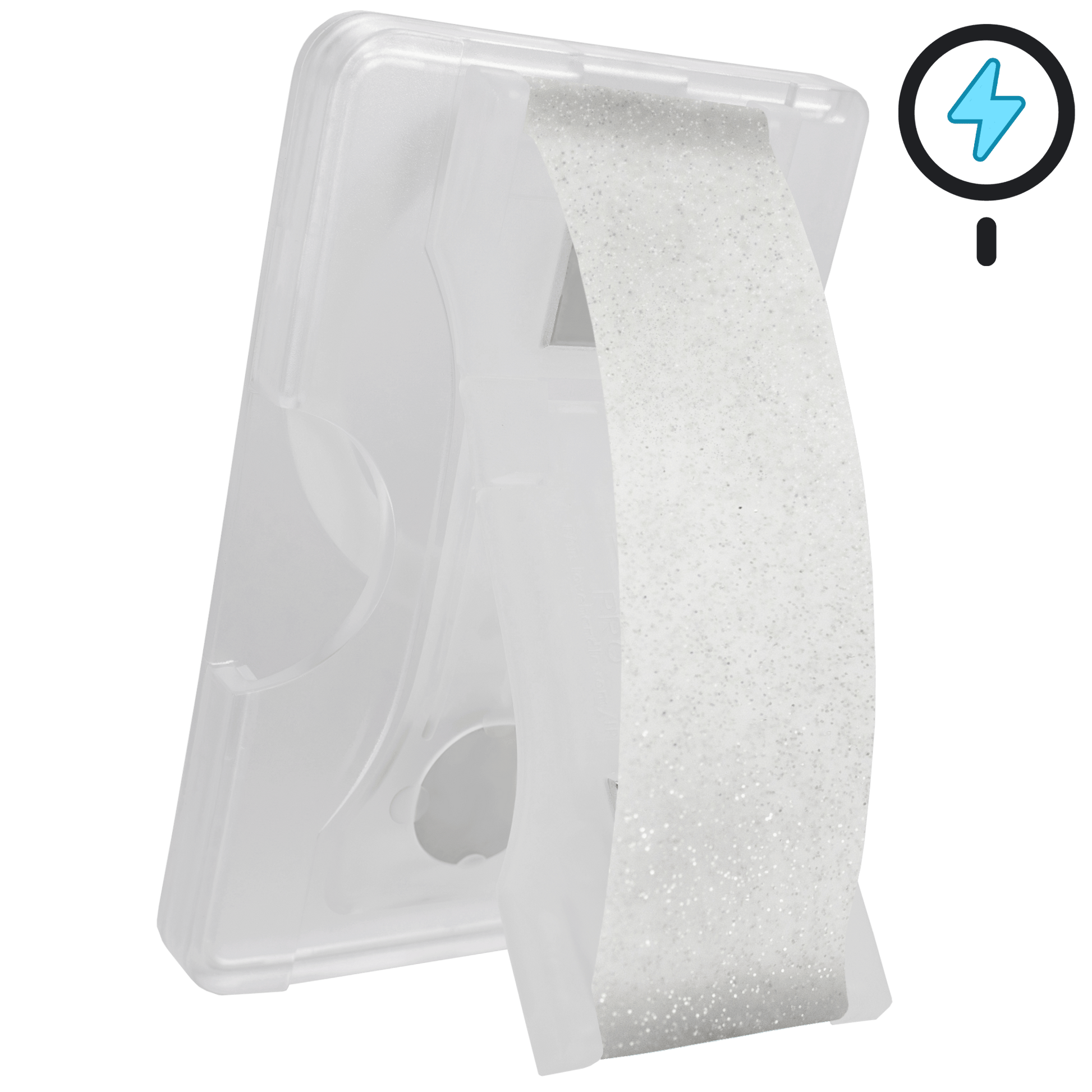 Cartera PRO para MagSafe®: billetera transparente con purpurina sobre fondo blanco