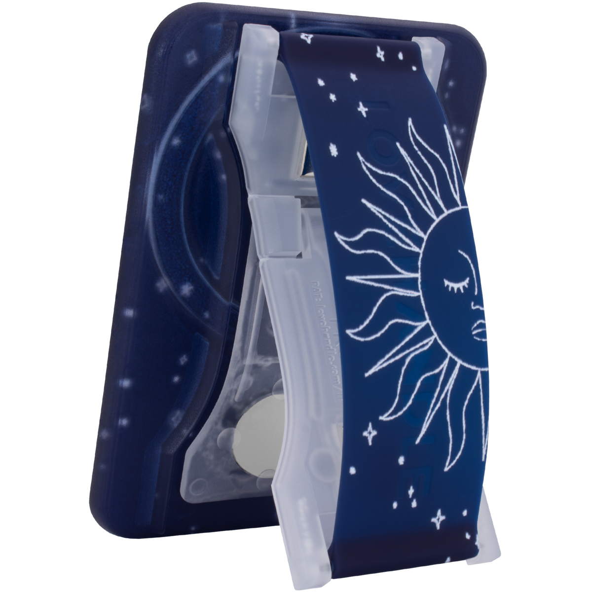 LoveHandle PRO for MagSafe Celestial motif, sun and stars on navy, kickstand open